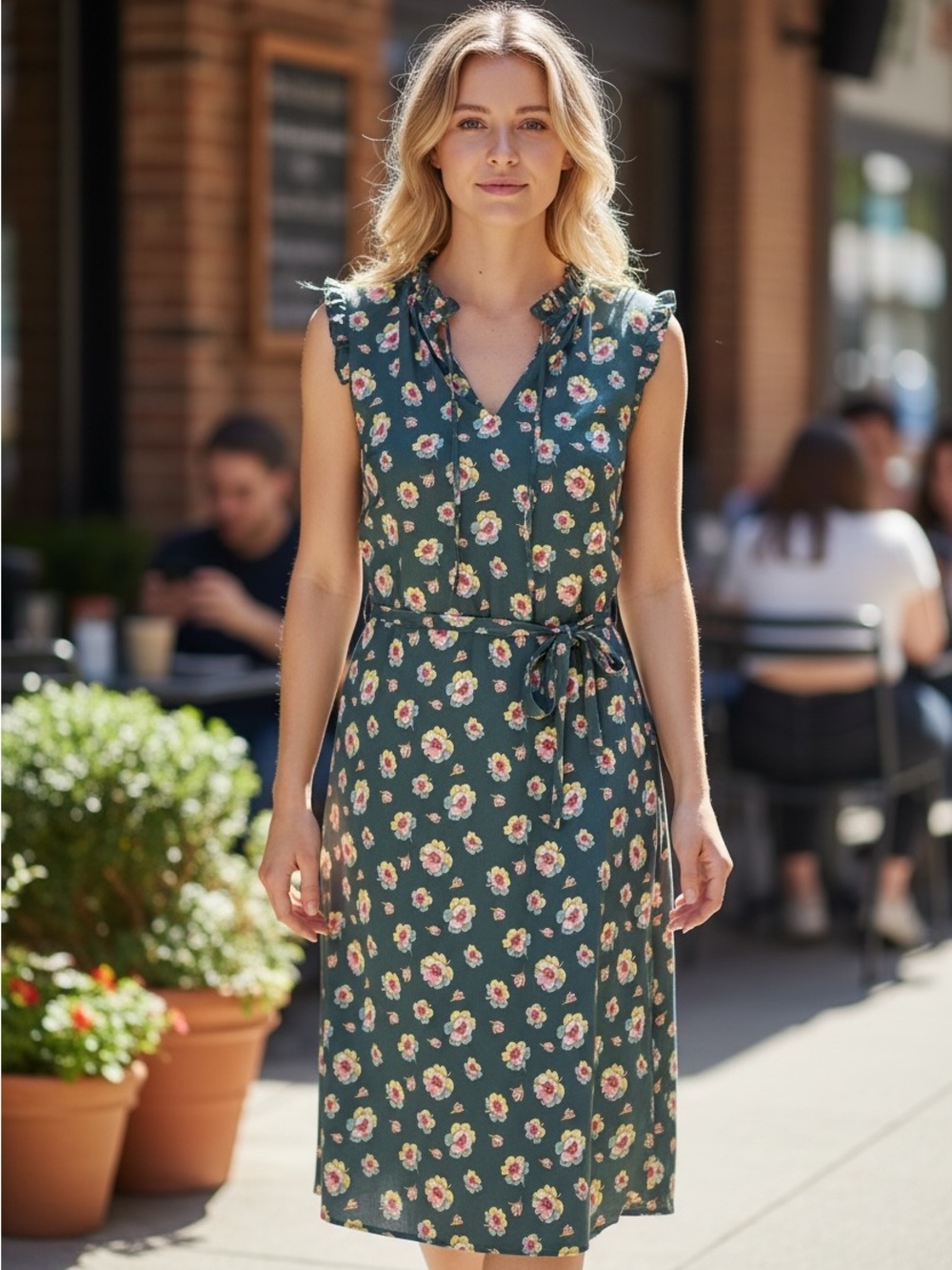 Loft Summer Floral Grean Floral Tie Waist Sleeveless Boho Chic Dress Size M